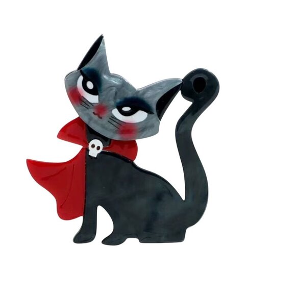 Acrylic Vampire Cat Halloween Brooch - Picture 1 of 2
